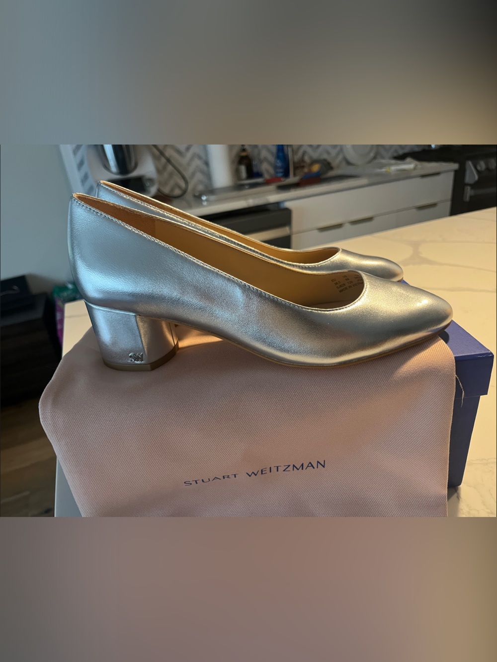 Brand New Stuart Weitzman Metallic Silver Bridget 50 Block Pump